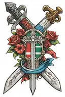 sword with prima la familia wrapped around it with an Italian flag tattoo design idea