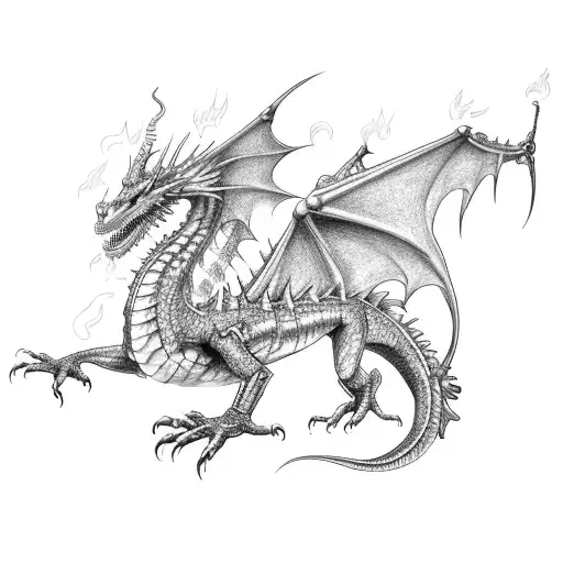 A mechanical dragon made of model kit parts breathing fire onto a computer code script tattoo design idea