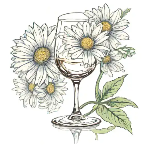 empty wine glass with daisy flower tattoo design idea