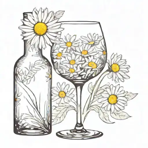 empty wine glass with daisy flower tattoo design idea