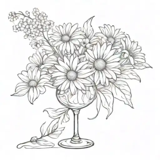 empty wine glass and daisy flower bouquet tattoo design idea