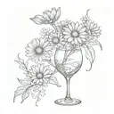empty wine glass and daisy flower bouquet tattoo design idea