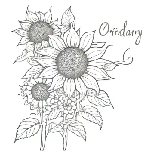 "ordinary" text and some symbols of getting up and being stronger, a sunflower, self-hug tattoo design idea