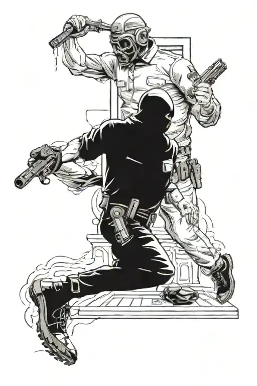 A robber running out of a bank with a cop shooting himself tattoo design idea