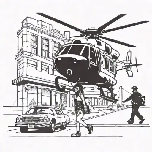 A tattoo of a bank robbery scene, with a helicopter, police car and a prostitute on the sidewalk blowing a kiss. tattoo design idea
