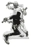 A robber running out of a bank with a cop shooting himself tattoo design idea