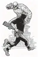 A robber running out of a bank with a cop shooting himself tattoo design idea