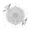 A mandala with intricate sparrows flying around it and a lotus flower tattoo design idea