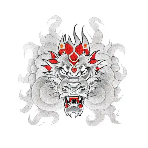fire Dragon + lion fu head tattoo design idea