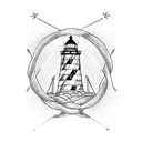 A geometric lighthouse design intertwined with a sailor's knot, symbolizing strength and guidance in a relationship tattoo design idea