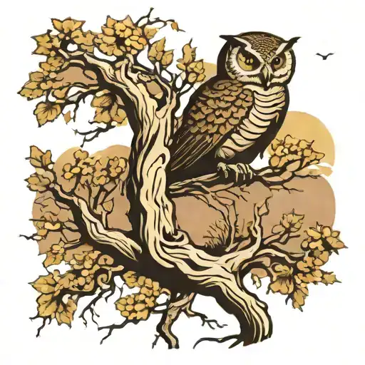 cottonwood tree next to creek with rattlesnake entwined in roots and an owl perched on a branch and and eagle in the sky tattoo design idea