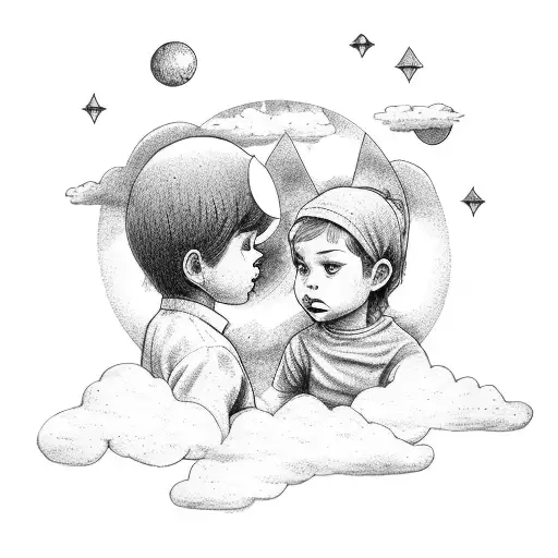  a child on Earth and a child in the clouds with a halo both pointing towards each other tattoo design idea
