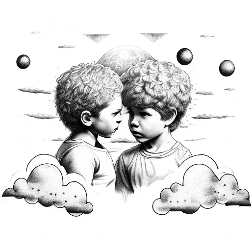  a child on Earth without halo and a child in the clouds with a halo looking at each other tattoo design idea