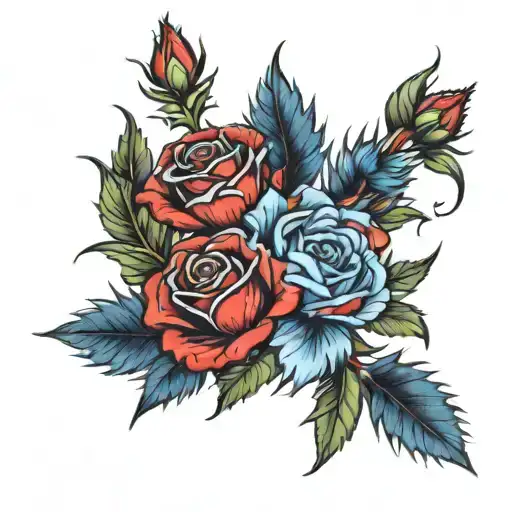 5 red roses and 3  blue thistle  tattoo design idea