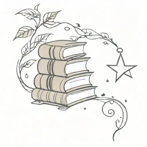stacked books with a cup and stars and vines intertwined tattoo design idea