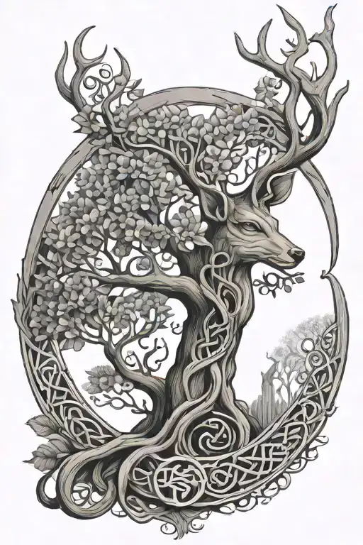 crescent shaped tree of life with Celtic knot roots and a doe underneath the tree branch  tattoo design idea