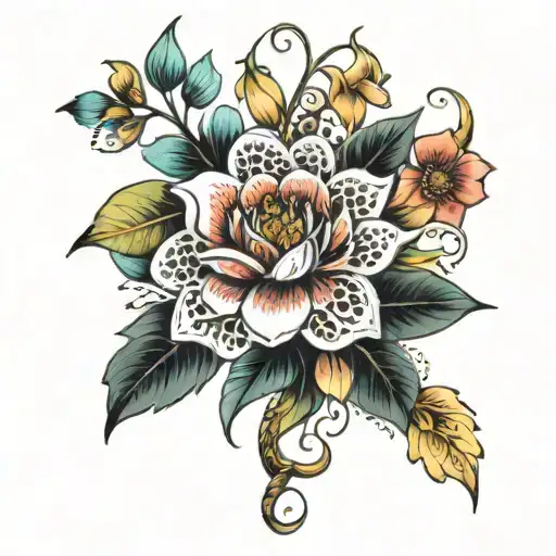 A bouquet of vibrant and exotic flowers intertwined with a delicate lace pattern tattoo design idea