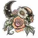 crescent moon with carnation, cosmos, and aster flowers tattoo design idea