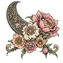 crescent moon with carnation, cosmos, and aster flowers tattoo design idea