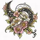 crescent moon with carnation, cosmos, and aster flowers tattoo design idea