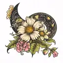 crescent moon with carnation, cosmos, and aster flowers tattoo design idea
