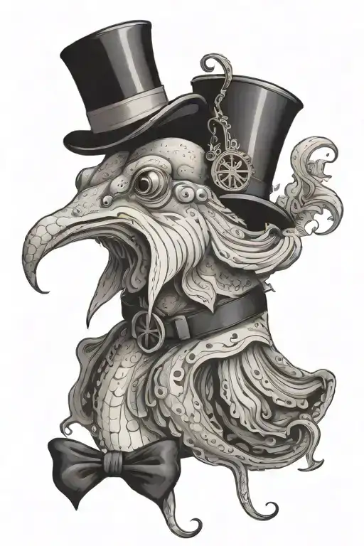 side profile of a cuttlefish wearing a monocle and a top hat. it should be desi tattoo design idea