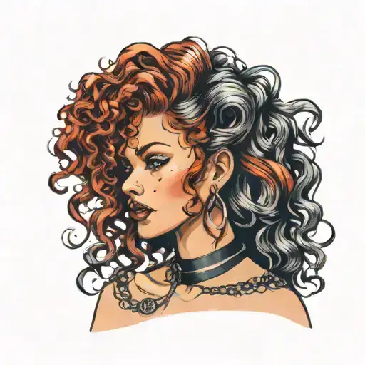 girl with curly red hair wearing a choker and black earrings  tattoo design idea