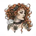 girl with curly red hair wearing a choker and black earrings  tattoo design idea