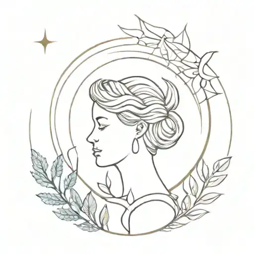 A minimalist tattoo of the Selene goddess holding a crescent moon while surrounded by nature elements tattoo design idea