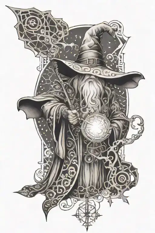 A tattoo of a wizard casting a spell in a fantasy world setting, with intricate geometric patterns in the background tattoo design idea