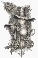 A tattoo of a wizard casting a spell in a fantasy world setting, with intricate geometric patterns in the background tattoo design idea