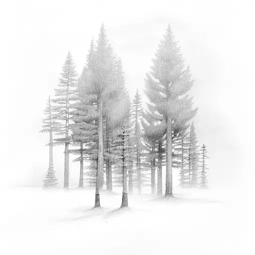 misty pine trees and historic architecture  tattoo design idea
