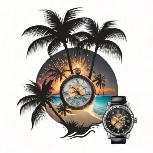 fireworks over beach scene with palm trees with a timepiece  tattoo design idea