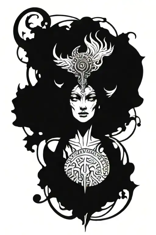 hecate goddess with black elements and shadows tattoo design idea