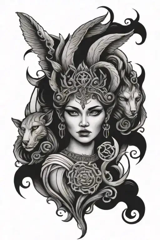 hecate goddess with 3 faces tattoo design idea