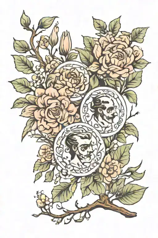 name Celia and Guillermo surrounded by branches and in those branches flowers tattoo design idea