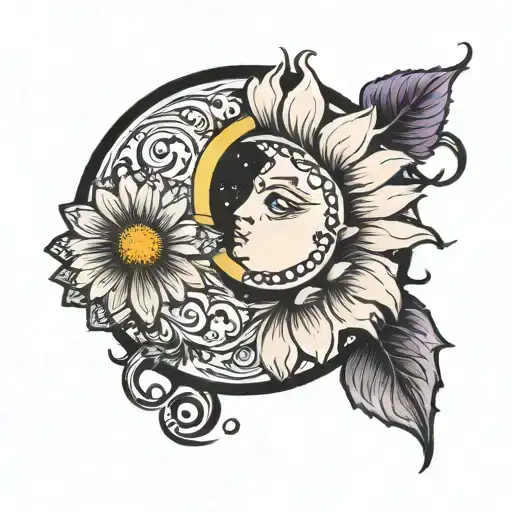 a semi colon with a moon and daisy  tattoo design idea