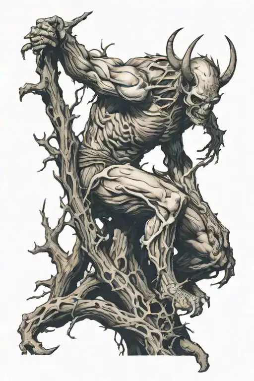 demon kneeling by dead tree tattoo design idea