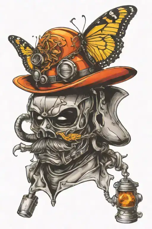 butterly with a mustache wearing firefighter helmet tattoo design idea