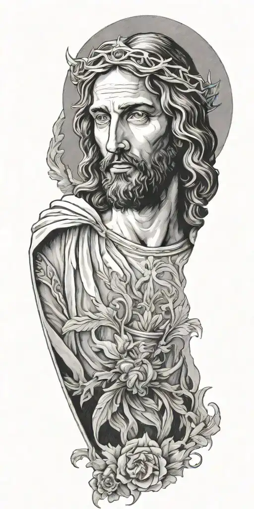 A portrait of Jesus Christ with a halo, surrounded by angels tattoo design idea