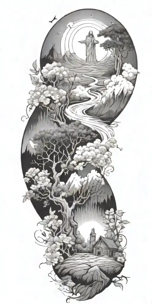 Jesus Christ's resurrection, different types of flowers, Trees, clouds of fire, nature, stars, mountains, strength tattoo design idea