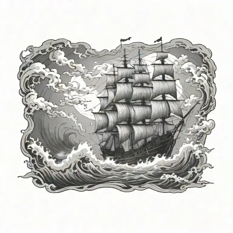 Destroyed spooky ghost pirate ship going through a massive storm  tattoo design idea