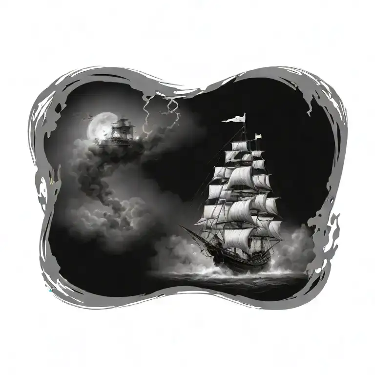 Destroyed spooky ghost pirate ship going through a massive storm  tattoo design idea