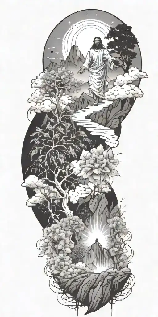 Jesus Christ's resurrection, different types of flowers, Trees, clouds of fire, nature, stars, mountains, strength tattoo design idea