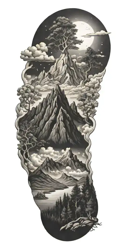 Mountains, Jesus Christ's resurrection, different types of flowers, Trees, clouds of fire, animals, nature, stars tattoo design idea