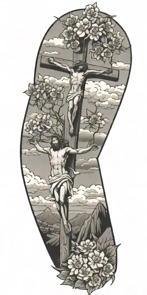 Mountains, Jesus Christ's death on the cross, Jesus Christ's resurrection, flowers, Trees, clouds tattoo design idea