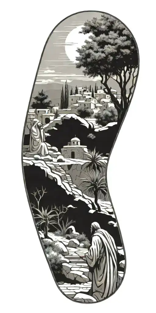 A detailed illustration of the Garden of Gethsemane with Jesus praying tattoo design idea
