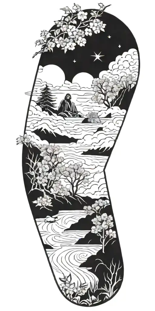 Jesus Christ's resurrection, different types of flowers, Trees, clouds of fire, animals, nature, stars, mountains tattoo design idea