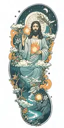 Jesus Christ's resurrection, different types of flowers, Trees, clouds of fire, animals, nature, stars, mountains tattoo design idea