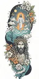 Jesus Christ's resurrection, different types of flowers, Trees, clouds of fire, animals, nature, stars, mountains tattoo design idea